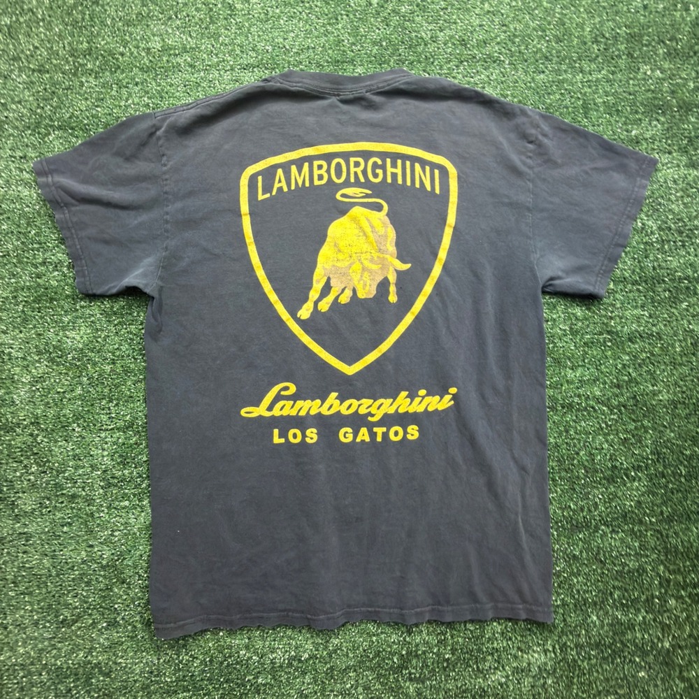 VTG Y2K Lamborghini Los Gatos Graphic T-Shirt Mens Black Yellow Crest Logo Tee